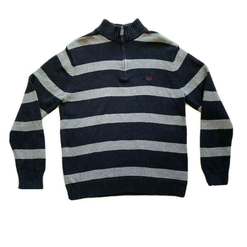 Chaps Sweater‎ Mens Medium Striped 1/4 Zip Chunky Knit Pullover Mock Neck Cotton